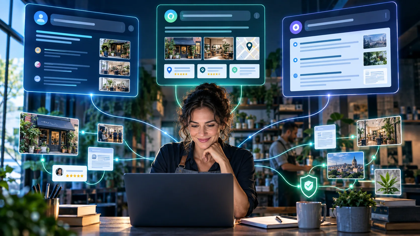 Empresária conectando a presença digital do negócio a diferentes interfaces de resposta com inteligência artificial