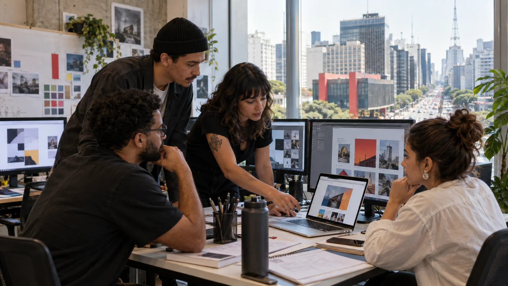 Equipe de criação de sites trabalhando com uma cliente diante da paisagem urbana de São Paulo