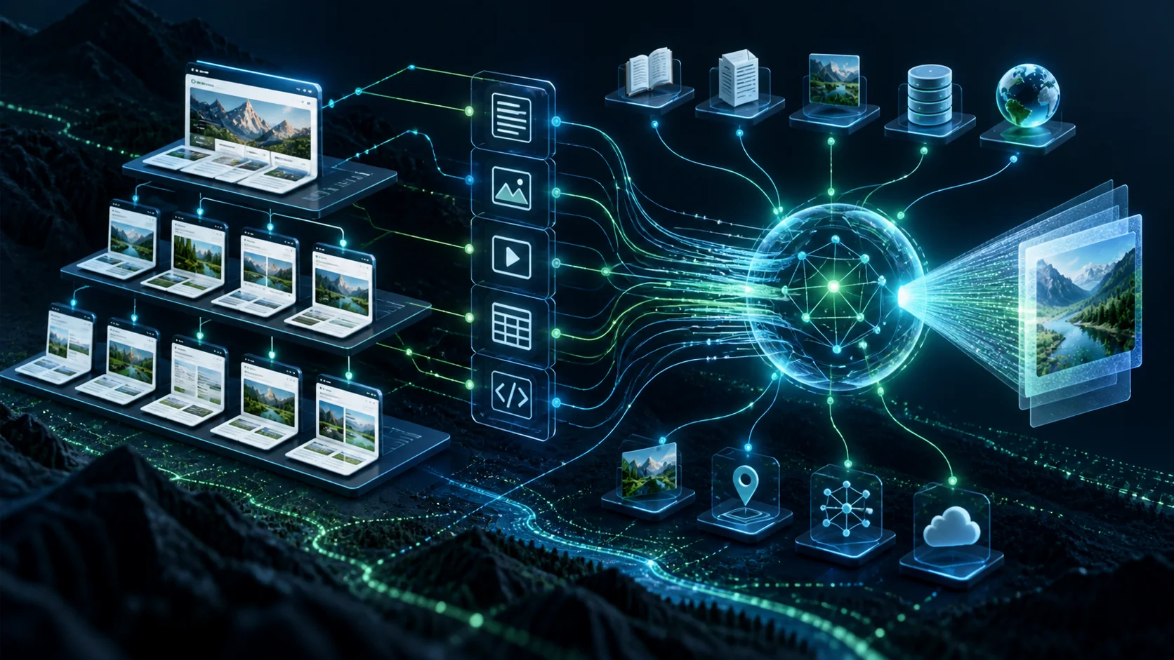 Arquitetura de páginas e fontes conectadas a um mecanismo de resposta com inteligência artificial
