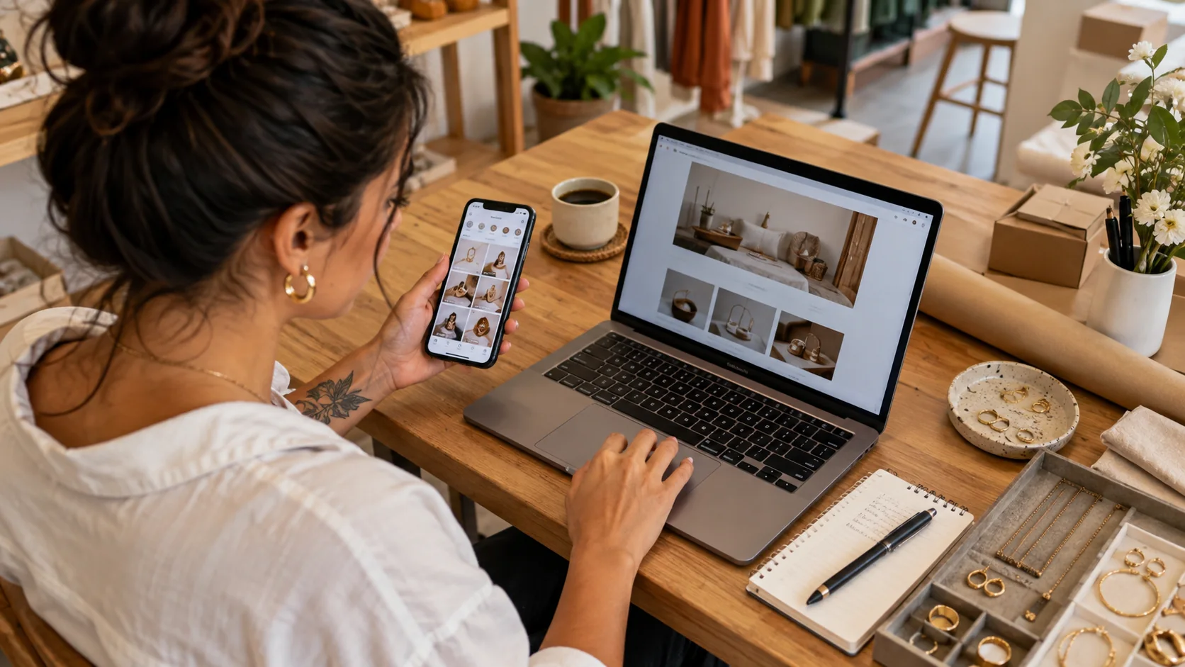 Empresária usando um site no laptop e uma rede social no celular como canais complementares