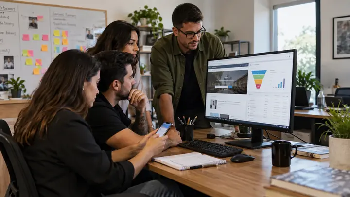 Equipe de marketing e vendas acompanhando contatos qualificados gerados por um site