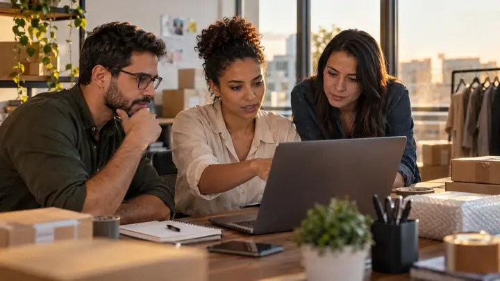 Equipe de uma pequena empresa analisando no notebook sua estratégia de vendas pela internet
