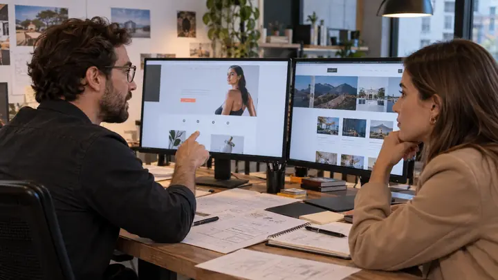 Especialista e empresária comparando uma landing page e um site institucional em dois monitores