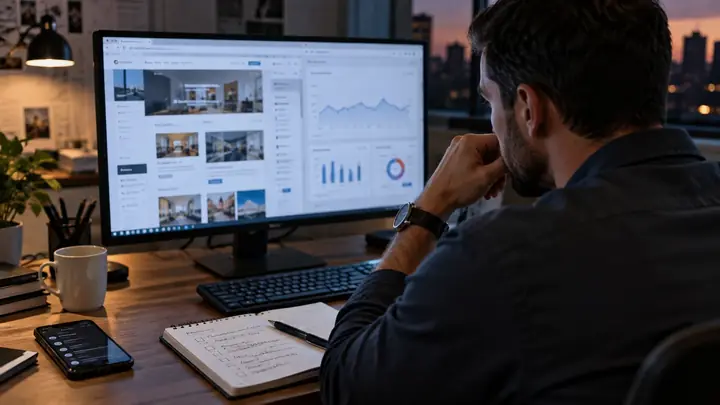 Empresário diagnosticando em seu computador por que o site recebe visitas mas não gera contatos