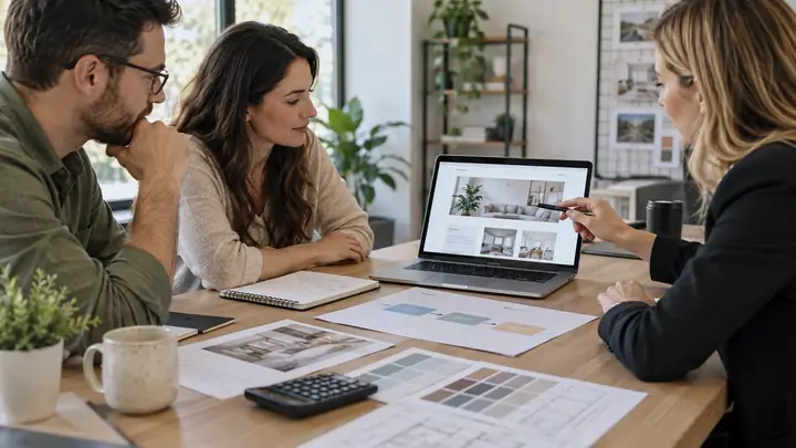 Cliente e especialista comparando orçamento, escopo e prioridades de um site profissional