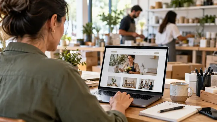 Empresária visualizando no laptop um site institucional que apresenta sua empresa e seus serviços