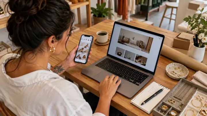 Empresária usando um site no laptop e uma rede social no celular como canais complementares