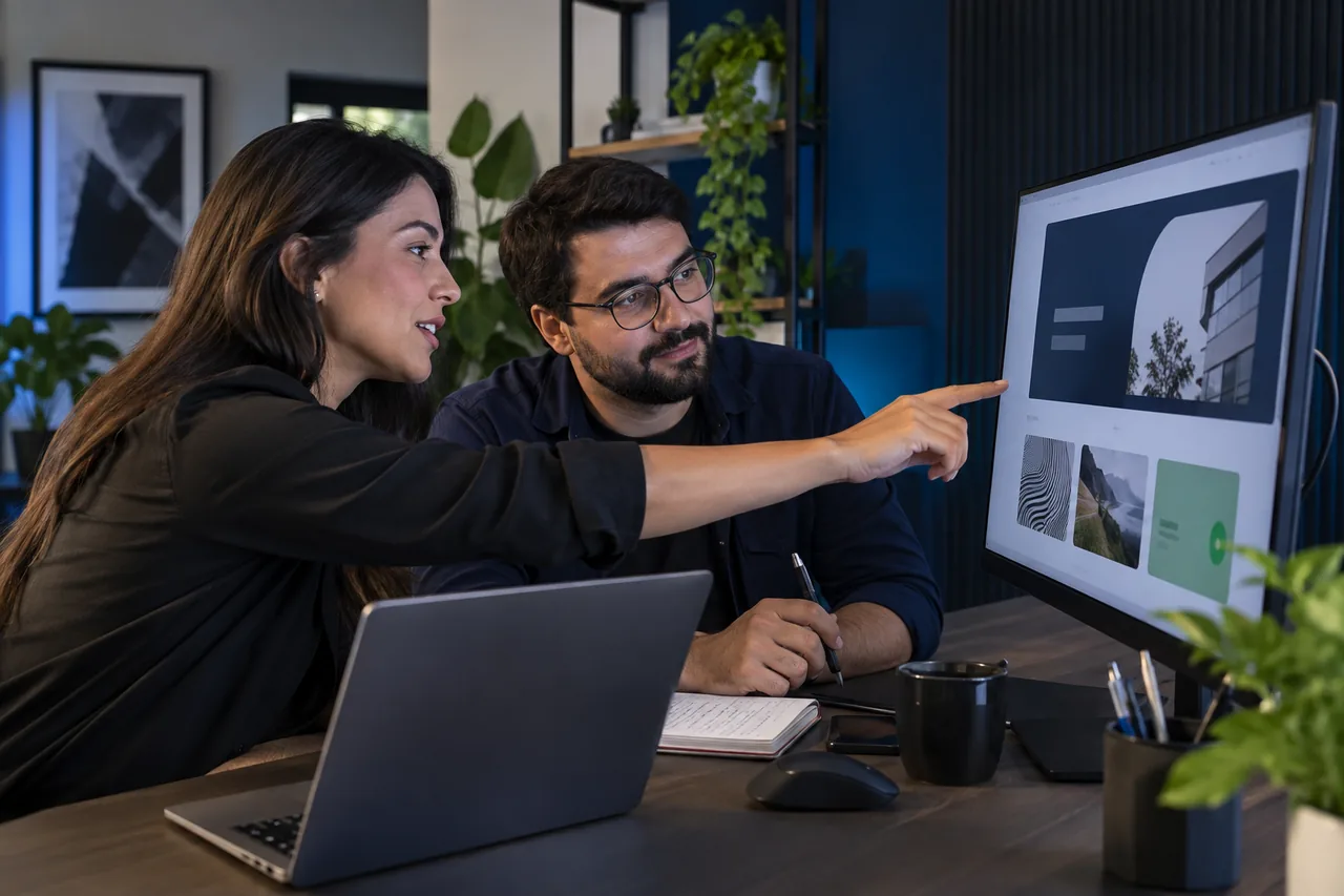 Cliente e profissional revisando juntos o design de um site
